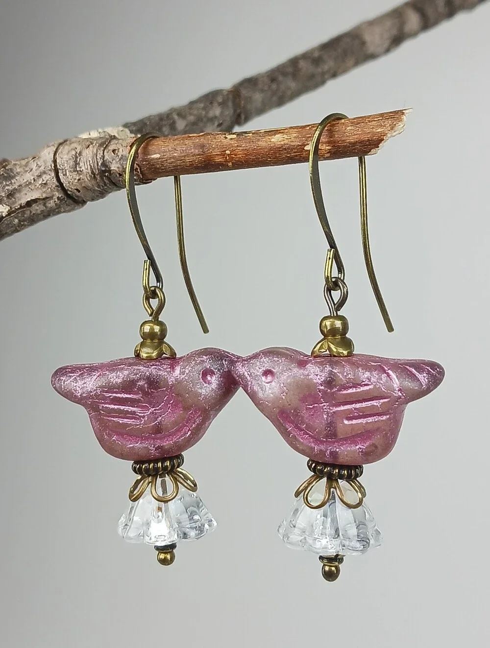 Purple Czech Glass Bird Earrings Crystal Flowers Antiqued Brass Hand Crafted